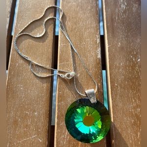 Green Crystal Necklace Aurora Borealis Faceted Pendant Silver Vintage Jewelry